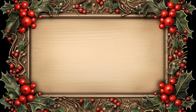 vintage christmas frame with red ornaments and holly