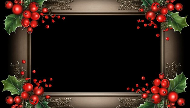 Photo vintage christmas frame with red ornaments and holly