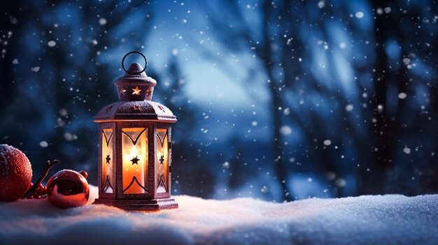 Vintage Christmas lantern on snow as magic night winter holiday background Merry Christmas and Happy Holidays wishes generative ai