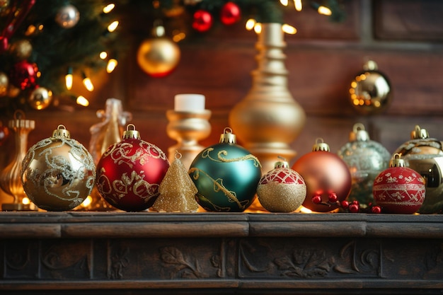 Vintage Christmas ornaments on a mantle