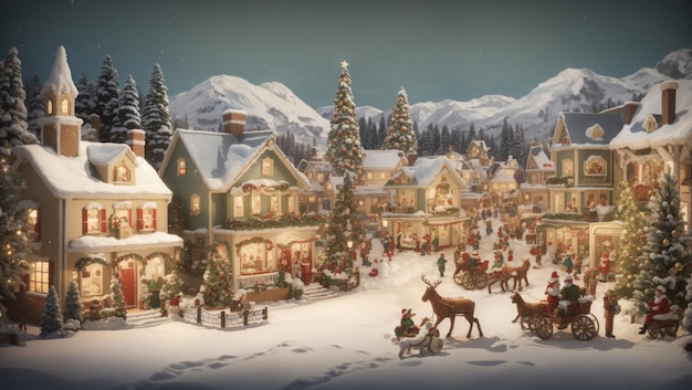Vintage Christmas Village Create an image of a charming Christmas village in a nostalgic vintage style capturing the festive spirit of the holiday season