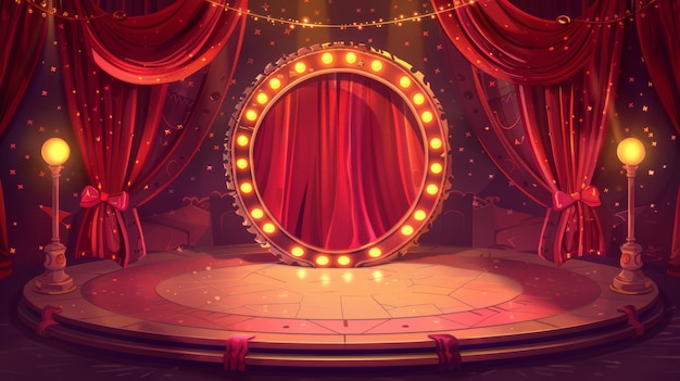 Photo vintage circus stage and red theater curtains carnival show circle podium with frame with light bulbs and drapery modern cartoon illustration