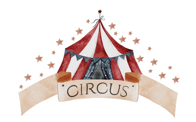 Vintage circus tent illustratie clip art met circus teken en teken hand getekend schattig perfect voor