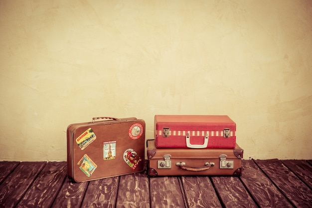 Vintage classic brown leather suitcase. Travel concept