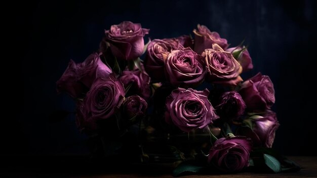Винтажный классический темно-фиолетовый букет роз на темном фоне Генеративный иллюстратор AI