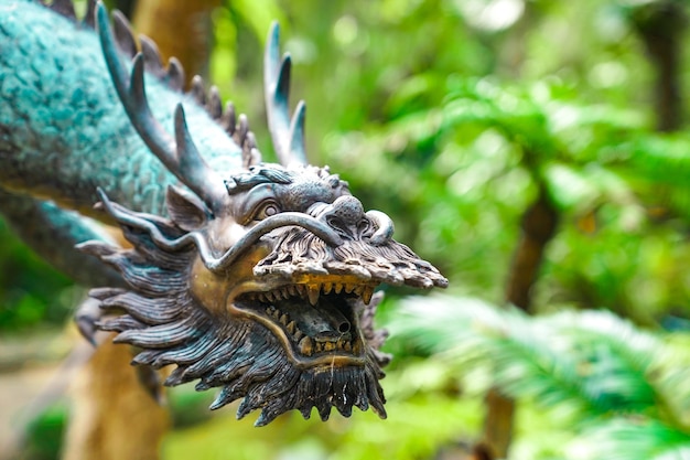 vintage classic statue of asian china dragon sattle in the green garden