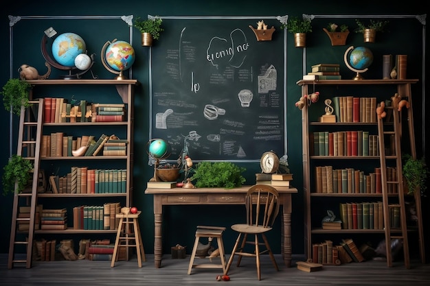 Vintage Classroom with Blackboard and Huge Window Generative AI