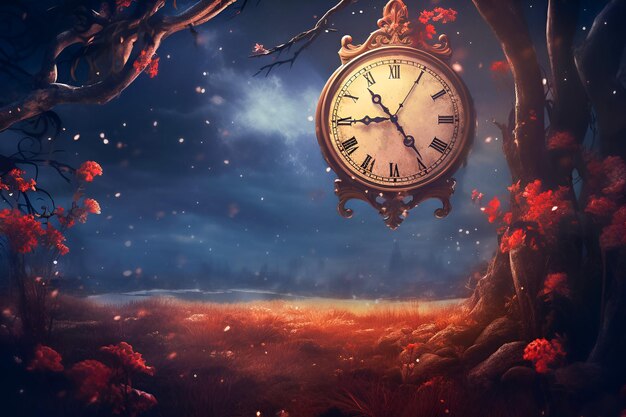 Vintage clock on an abstract background with magical atmosphere