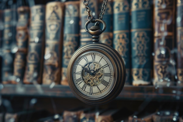 Фото Винтажные часы на цепи со старыми книгами на заднем плане символизируют проходящее время и ностальгию