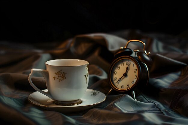 写真 ベッドの上にカップのコーヒーを持ったヴィンテージの時計