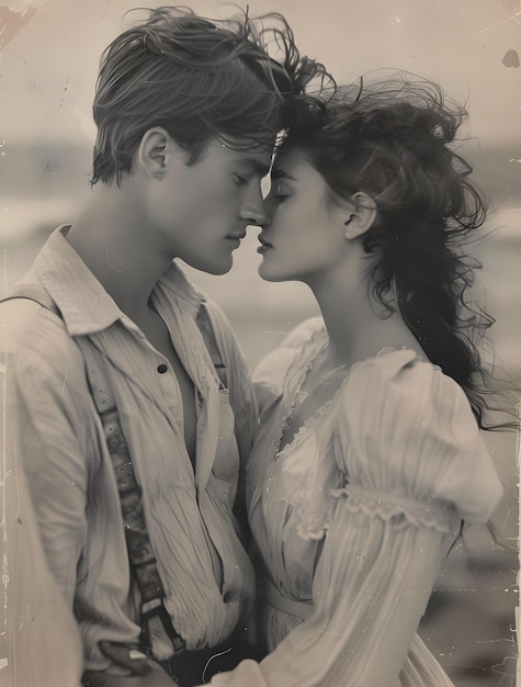 Photo vintage clothing couple share a monochrome kiss in a romantic photo