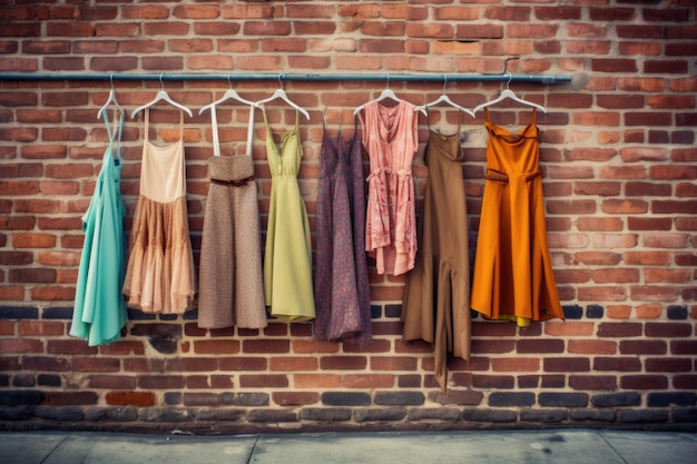 Фото Винтажная одежда на вешалках у кирпичной стены, созданная с помощью генеративного ии