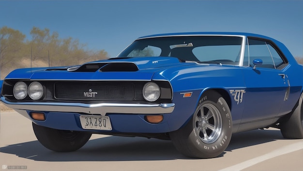 A vintage cobalt blue muscle car