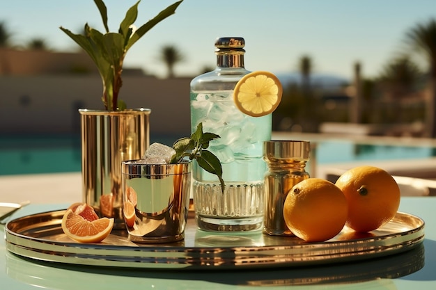 Vintage Cocktail Shaker and Ingredients by the Poolside AI