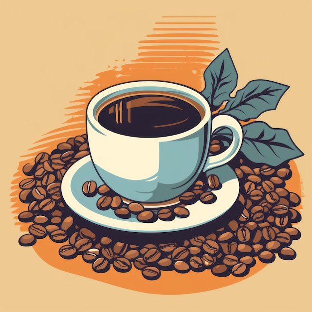 Vintage coffee cup illustration Coffee beans and leaves