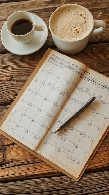 Vintage coffee cup and pen on a wooden table