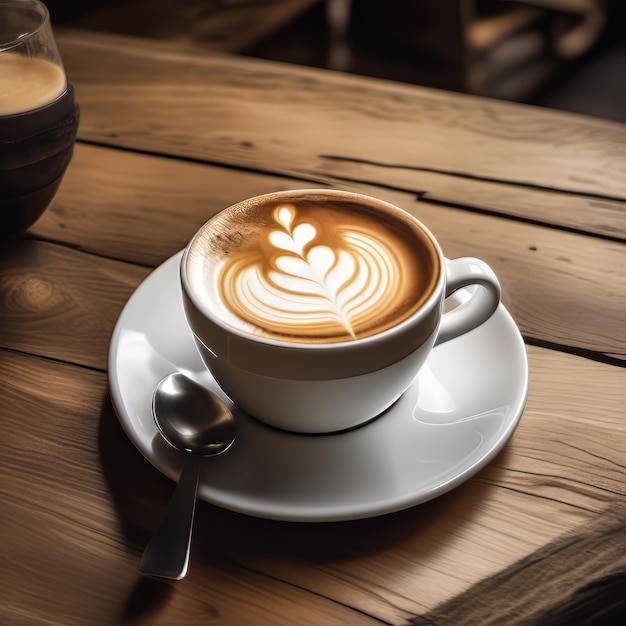 Vintage coffee cup with latte art on wooden table