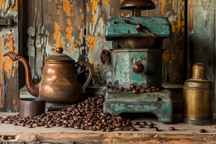 Photo vintage coffee grinder with beans spilling out