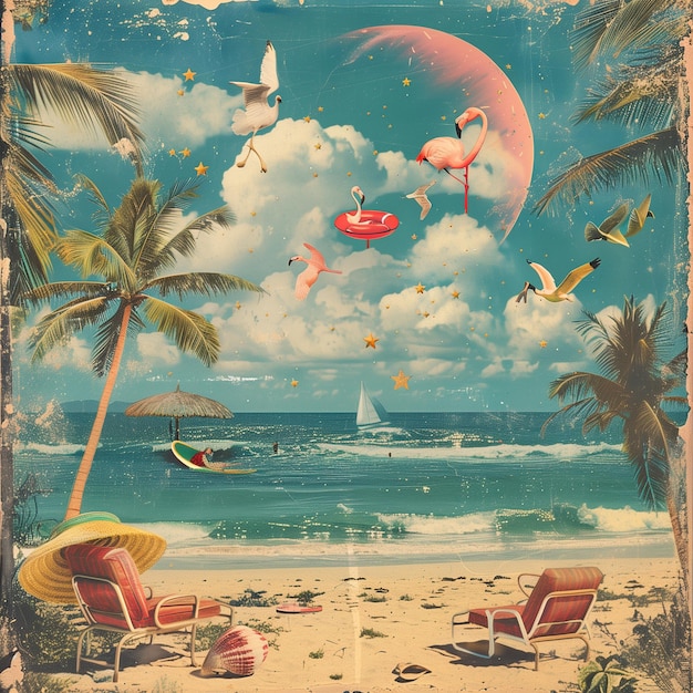 Vintage collage art beach vacanza estiva concetto di sfondo