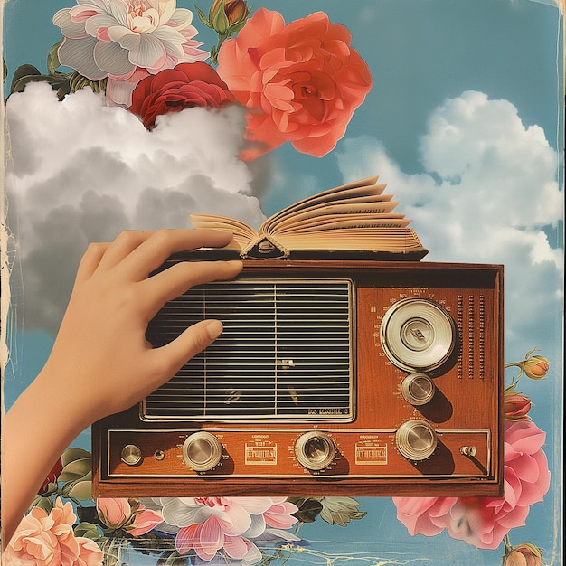 Vintage collage arte del libro nuvola floreale musica e donna