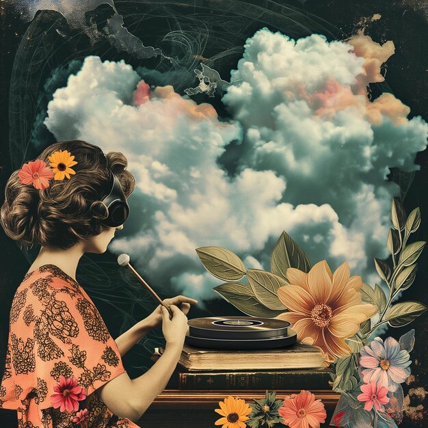 Vintage collage arte del libro nuvola floreale musica e donna