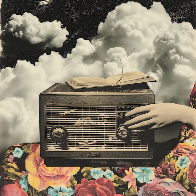 Photo vintage collage art of book floral cloud music and woman