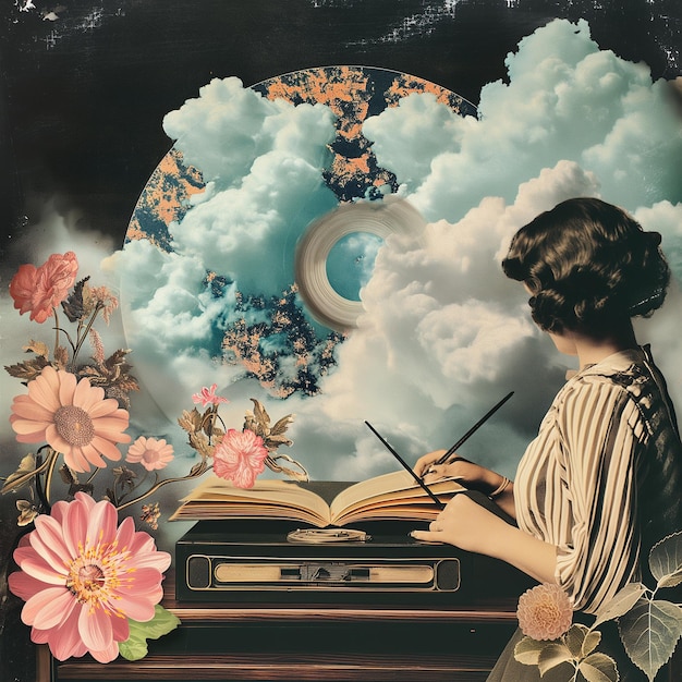 Vintage collage arte del libro nuvola floreale musica e donna