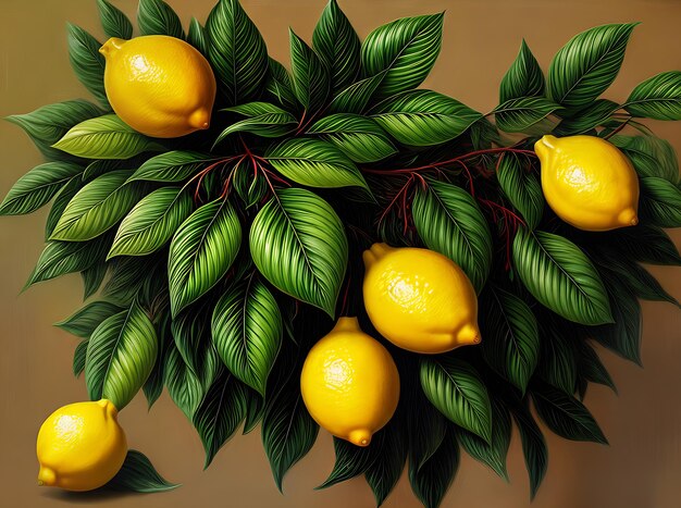 Vintage color palette realistic floral background featuring whole lemons and leaves Generative AI Generated