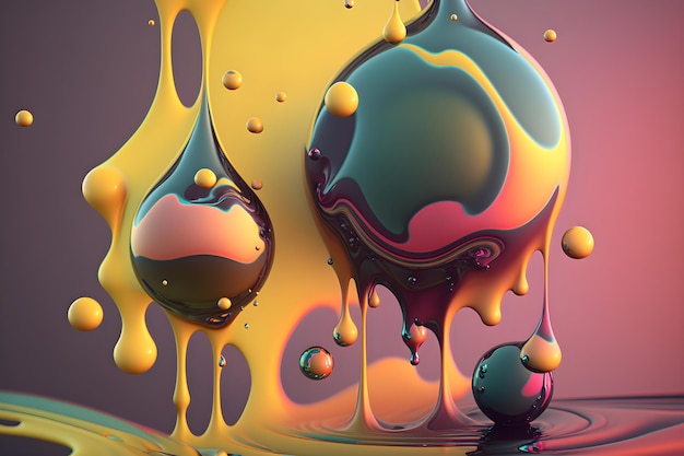 Vintage colored liquid waves drops and bubbles illustration Abstract fluid art background Generated AI