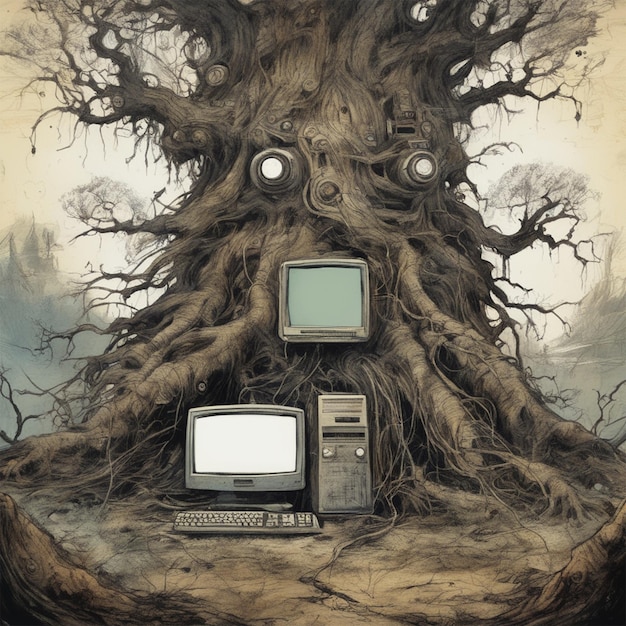 Vintage Comic Style Monster Tree met een Vintage Computer Imaginary Landscape Fantasy Picture