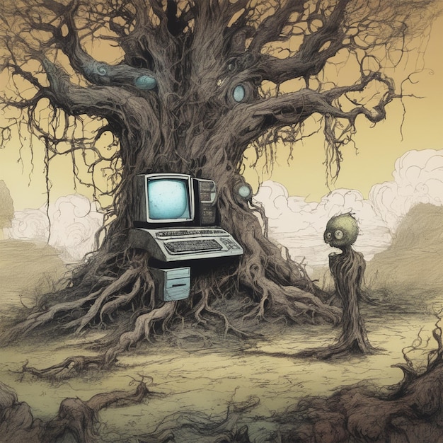 Vintage Comic Style Monster Tree met een Vintage Computer Imaginary Landscape Fantasy Picture