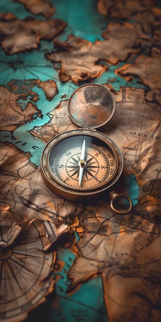 Vintage Compass on an Ancient World Map with Geographic Features