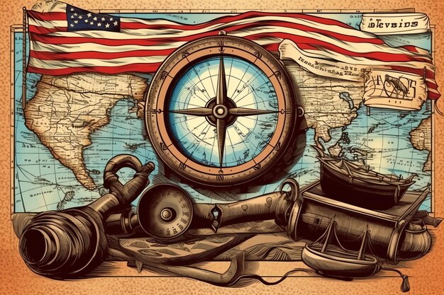 Vintage compass or discovery equipment on old world map for happy columbus day concept ancient map