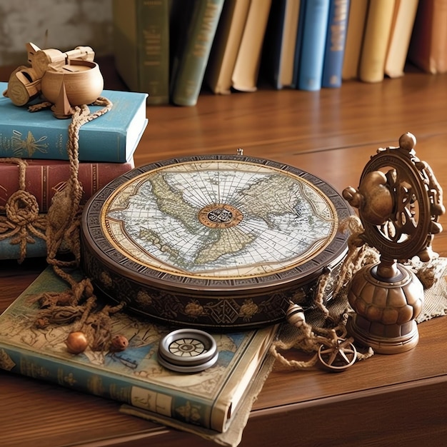 Винтажный компас или исследовательское оборудование на карте старого мира для концепции счастливого дня Колумба Древняя карта