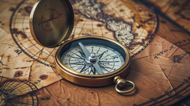 Vintage compass lies on an ancient world map