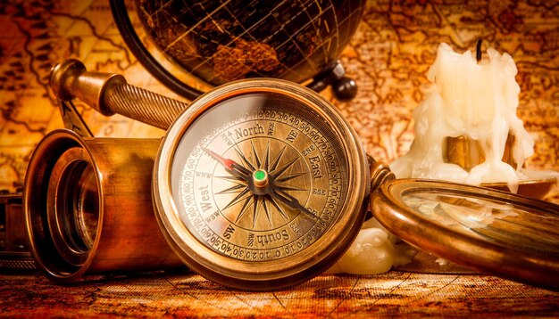 Vintage compass, magnifying glass, pocket watch, quill pen, spyglass lie on an old ancient map in 1565 with a lit candle. Vintage still life.