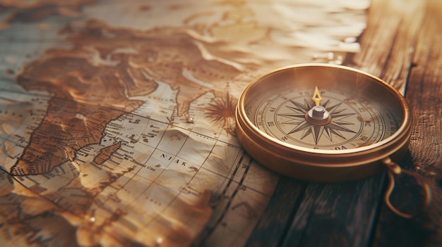 Vintage Compass and Map on Wooden Table Adventure