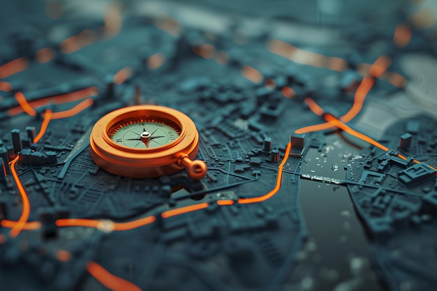 Винтажный компас на топографической карте с оранжевыми линиями навигационного оборудования для пеших прогулок и исследований захватывает направление вашего путешествия ИИ