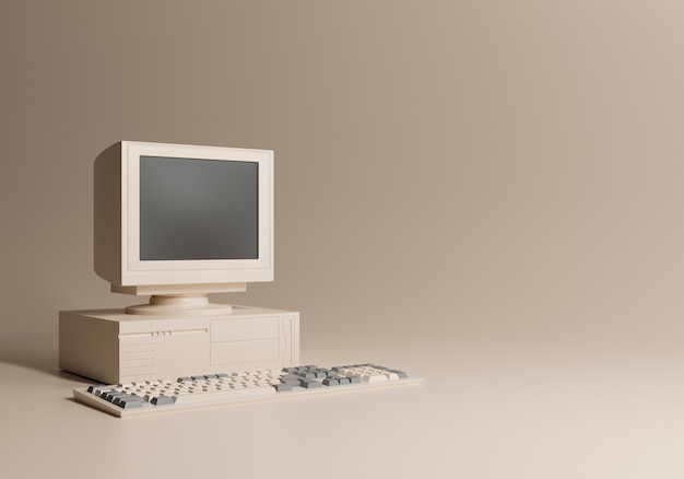 Vintage computer mock-up with keyboard. 3d rendering