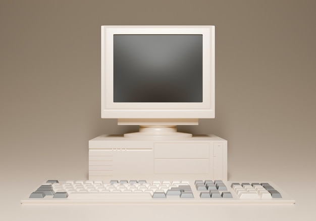 Vintage computer mock-up with keyboard. Front view. 3d rendering