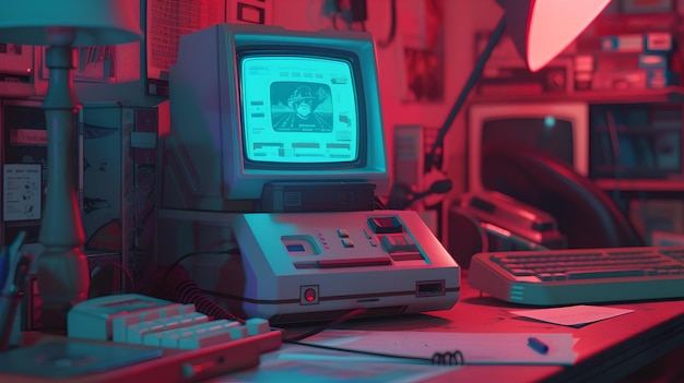 Foto impostazione di computer vintage in una stanza buia con illuminazione ambientale tecnologia retro e nostalgia informatica perfetta per progetti a tema tecnologico ai