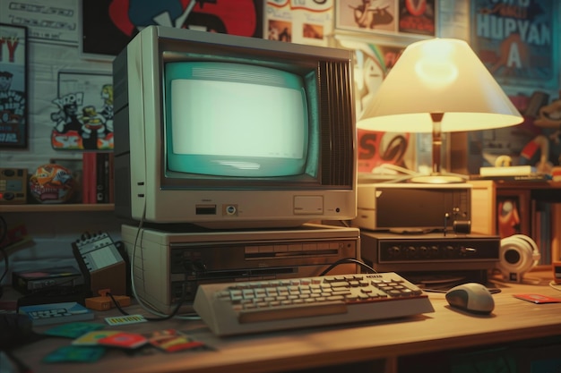 A vintage computer setup with 90s memorabilia