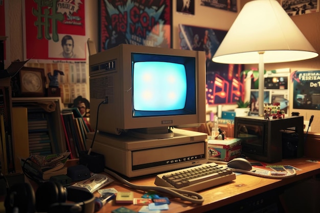 Photo a vintage computer setup with 90s memorabilia