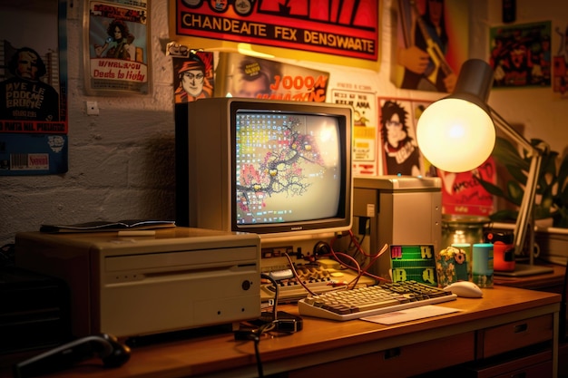 Photo a vintage computer setup with 90s memorabilia