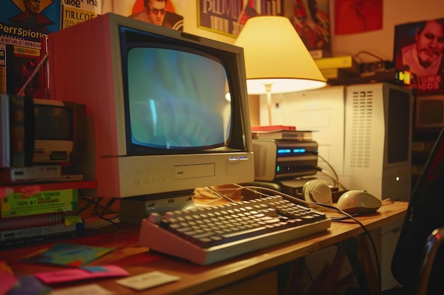 A vintage computer setup with 90s memorabilia