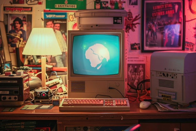 A vintage computer setup with 90s memorabilia