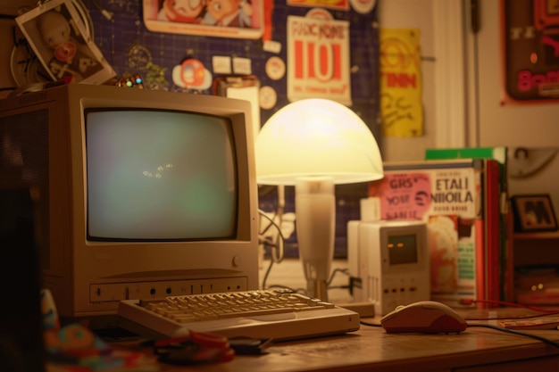 A vintage computer setup with 90s memorabilia