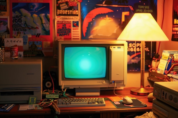 Photo a vintage computer setup with 90s memorabilia