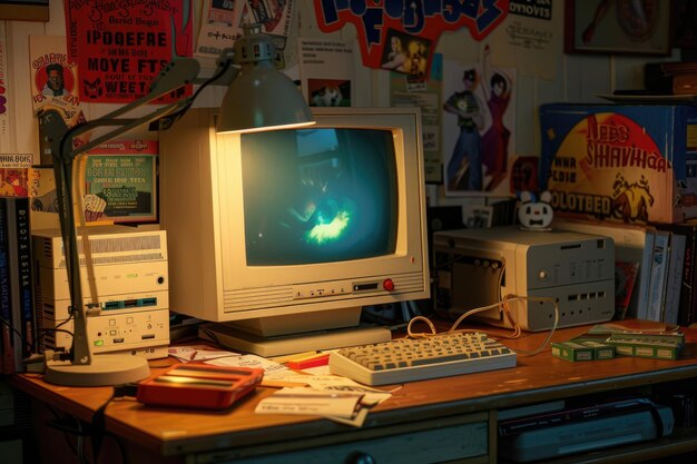 Photo a vintage computer setup with 90s memorabilia