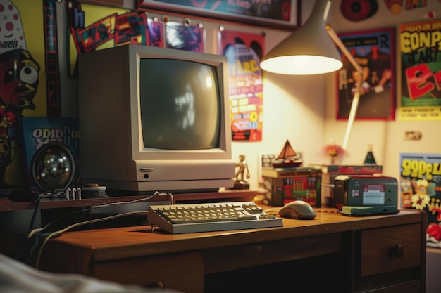 A vintage computer setup with 90s memorabilia